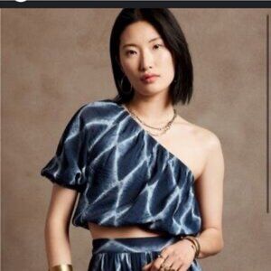 NWT Banana Republic One Shoulder Blue Tie Dye Puff Sleeve Cropped Top Womens XL